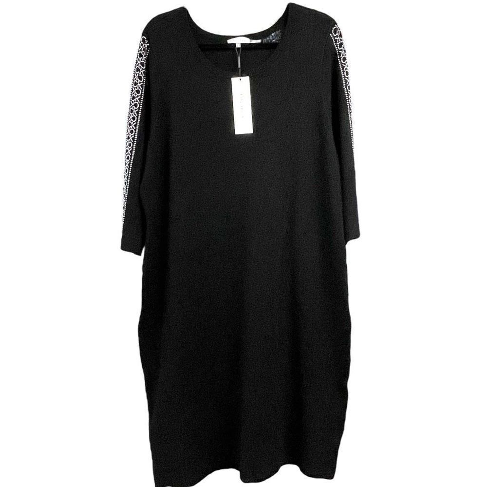 CALVIN KLEIN Women's Dress Midi Sweater Long Sleeve Studded CK Black 1X NWT